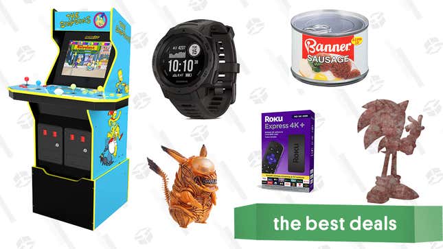 Image for article titled Thursday&#39;s Best Deals: The Simpsons Arcade1Up Cabinet, Garmin Instinct GPS Watch, Roku Express 4K+, Kelake Alien Pikachu Figure, Banner Canned Sausage, and More